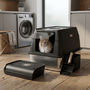 kattenbak rvs 2 in 1 zwart