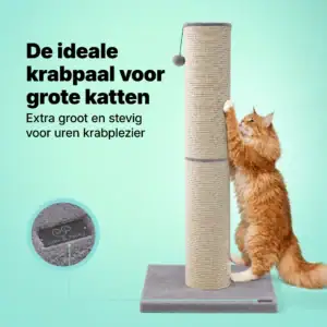 jake and jacky krabpaal voor grote katten grijs/crème met speelballetje 56x56x120 cm Ø sisal krabpaal 20 cm