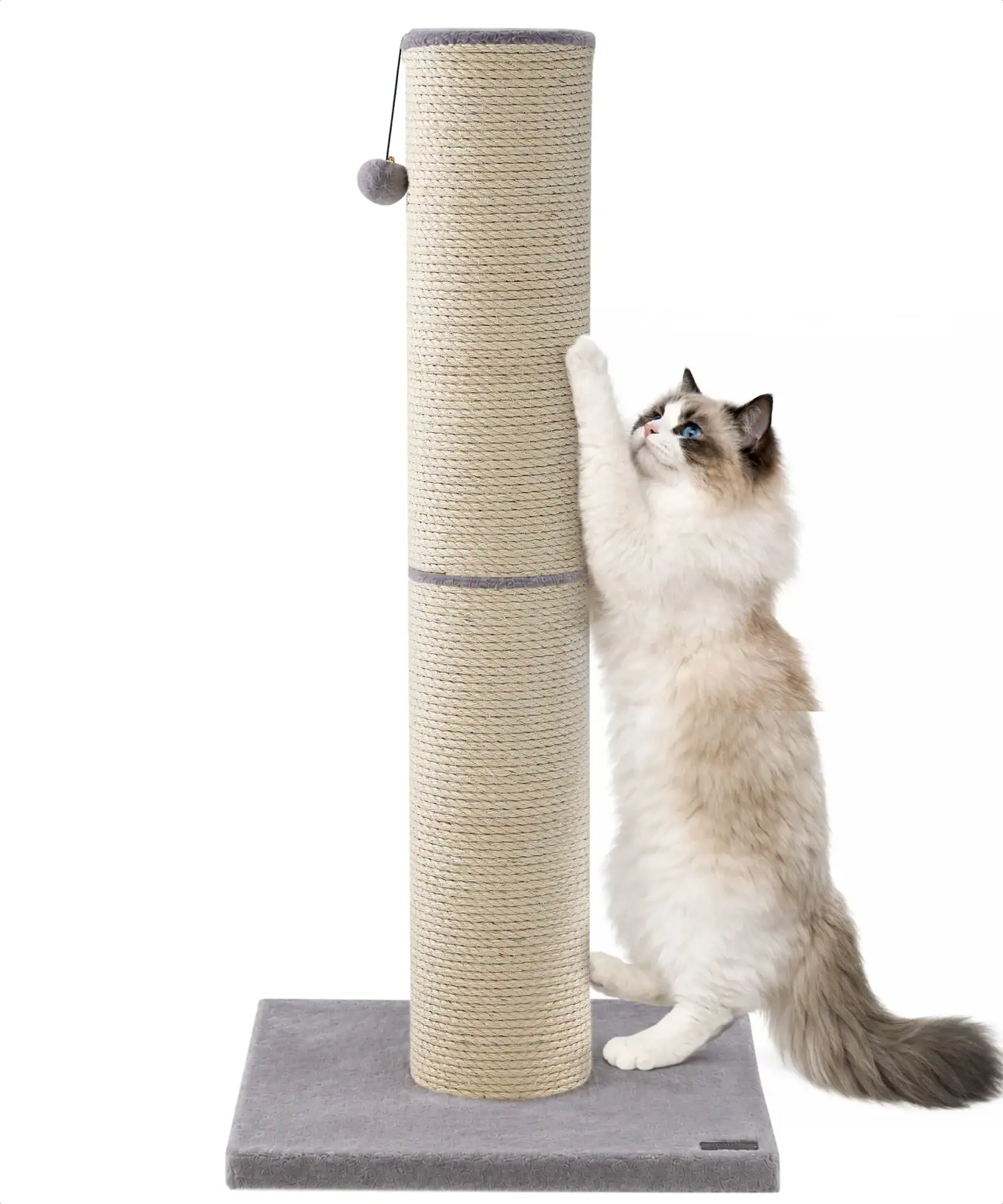 jake and jacky krabpaal voor grote katten grijs/crème met speelballetje 56x56x120 cm Ø sisal krabpaal 20 cm