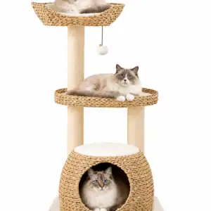 naturel krabpaal met gevlochten kattenhuis